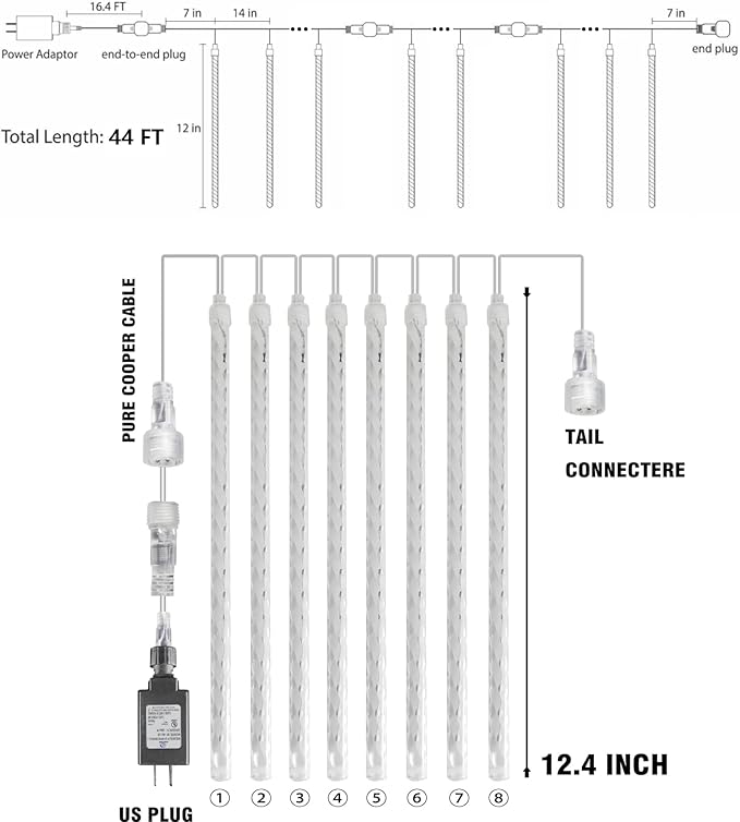 TW SHINE Christmas Meteor Shower Lights Outdoor, 864 LED 12" 24 Tubes Waterproof Christmas Lights Outdoor Plug in, Snow Falling Rain Icicle Xmas Light Decorations, White
