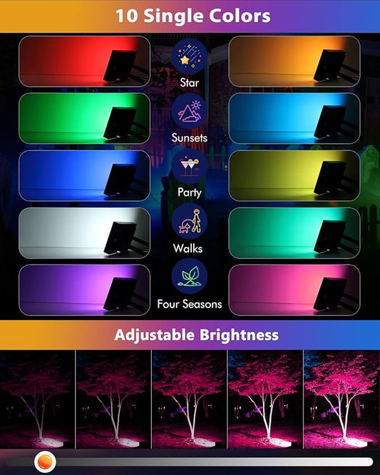 MEIKEE 60W 6000LM RGBW Flood Lights, 600W Equivalent RGB Color Changing LED Floodlights, 6500K White Light Outdoor Lighting with Timing Memory for Christmas Decoration 4 Packs