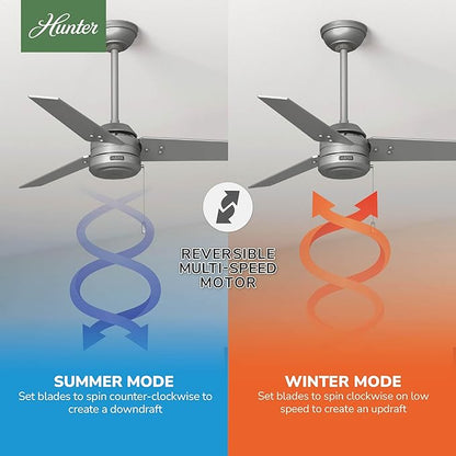 Hunter 44 inch Outdoor or Indoor Ceiling Fan No Light - Ceiling Fan without Light, For Patio, Porch, Garage, or Living Room, Standard Mount, 3 Blades, Pull Chain - Cassius 50256, Matte Silver