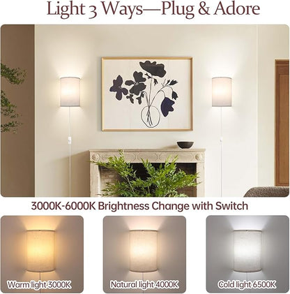 Shenmoyl Plug in Wall Sconces Set of 2 - Dimmable 3 Light Modes, Soft Fabric Linen Shade, Easy Install Wall Lamp for Bedroom, Corridor, Living Room Indoor Ambience Lighting with Switch