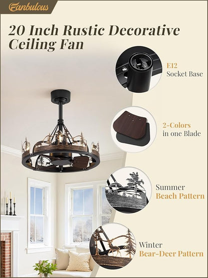 Fanbulous 20 Inch Farmhouse Rustic Ceiling Fan with Light and Remote, Black Chandelier Fan with Bear and Deer Design,Summer Sand Beach Design,Rustic Chandeliers for Living Room, Bedroom