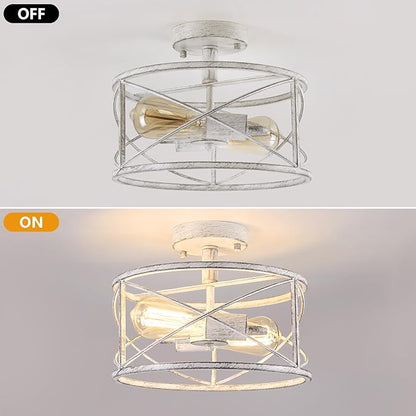 2-Light Semi Flush Mount Distressed White Ceiling Light Fixture, Farmhouse Vintage Metal Cage with Adjustable Height, Dimmable for Hallway Entryway Kitchen Bedroom Foyer Laundry Low Ceiling