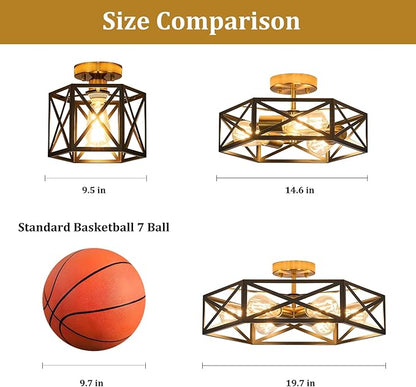 Modern Farmhouse Semi Flush Mount Ceiling Light,Industrial Black and Gold Ceiling Lighting Fixture,Hexagonal Close to Ceiling Lights for Kitchen, Hallway,Bedroom,Foyer,Laundry Room,14.6 Inch
