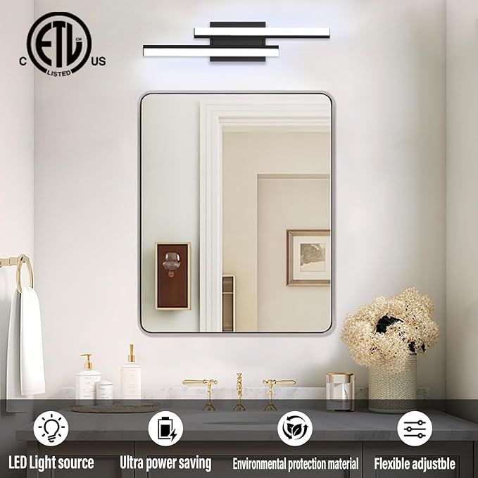 Bathroom Light Fixtures Over Mirror: 24-inch Modern Black LED Vanity Light Bar ETL Certified | Retractable Dimmable Bathroom Lamp IP44 - Wall Light Fixture 25W 5000K Cool White(1 Pack)