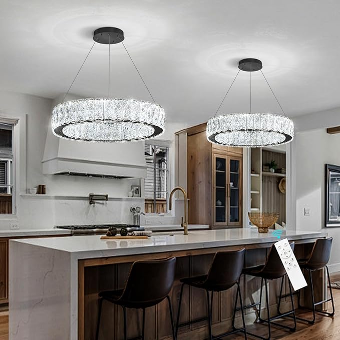 Modern Crystal Chandelier 15W LED Dimmable Lighting Fixture Adjustable Round Pendant Light for Dining Room Living Room Kitchen Bedroom Black