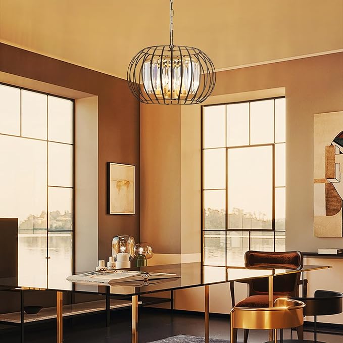 17.7" Modern Crystal Chandelier Black and Gold Drum Pendant Lighting Fixture Round Rustic Metal Shade 4-Light for Dining Room Living Room Bedroom Hallway