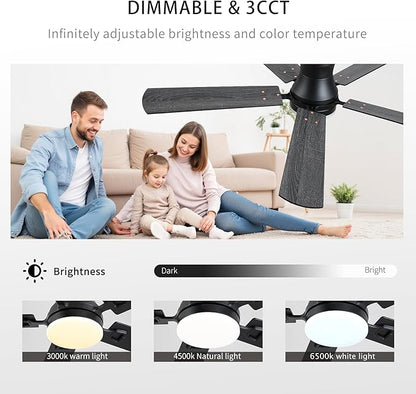 KNUN Ceiling Fans with Lights,52 Inch Low Profile Ceiling Fan with Light and Remote Control,Flush Mount,6 Speeds DC Reversible Motor, 3CCT Dimmable, Noiseless Black Ceiling Fan for Living Room,Patio