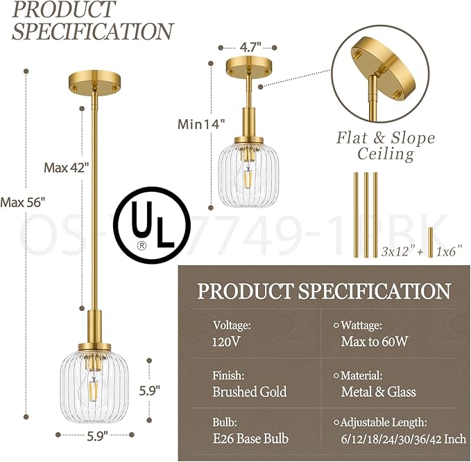 Brushed Gold Pendant Lights Kitchen Island, 1-Light 5.9" Modern Glass Pendant Light with Clear Glass and Rods, Mini Hanging Lighting for Kitchen Sink Bathroom Bedroom, OS-YQ7749-1PBG