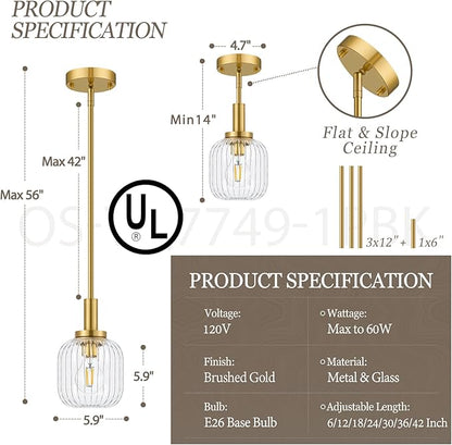 Brushed Gold Pendant Lights Kitchen Island, 1-Light 5.9" Modern Glass Pendant Light with Clear Glass and Rods, Mini Hanging Lighting for Kitchen Sink Bathroom Bedroom, OS-YQ7749-1PBG