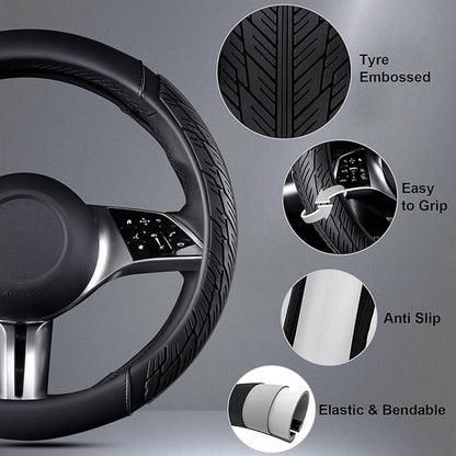 CAR PASS Leather Rubber Steering Wheel Cover 14 1/2” -15”,Tire Tread Pattern Design,Non-Slip Wear-Resistant, Heavy Duty Deep-Dish Car Floor Mats, Trim-to-Fit Car Mat,Fit for Steering Wheel Black