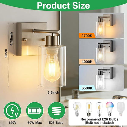 2-Pack Bathroom Wall Sconces, Brushed Nickel Vanity Lights, Modern Wall Light Fixture with Clear Glass Shade, Farmhouse Wall-Mount Lighting Lanterns, Wall Lamps for Mirror Living Room Bedroom Kitchen