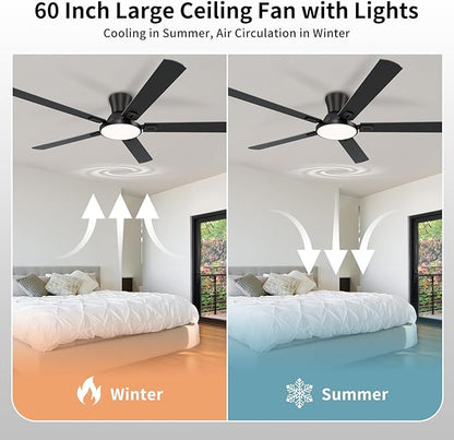 60 Inch Black Ceiling Fans with Lights and Remote, Flush Mount Low Profile 5 Blades Ceiling Fan with 10 Inch Lighting Fixture, Quiet Reversible DC Motor for Living Room, Bedroom and Patio