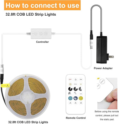 AXMOTUT White COB LED Strip Light, Dimmable 32.8ft/10m LED Light, 6000K Daylight White 3200 LEDs High Lumen LED Tape Lights CRI 90+ with RF Remote and UL Power for Bedroom,Kitchen,DIY Home Decoration