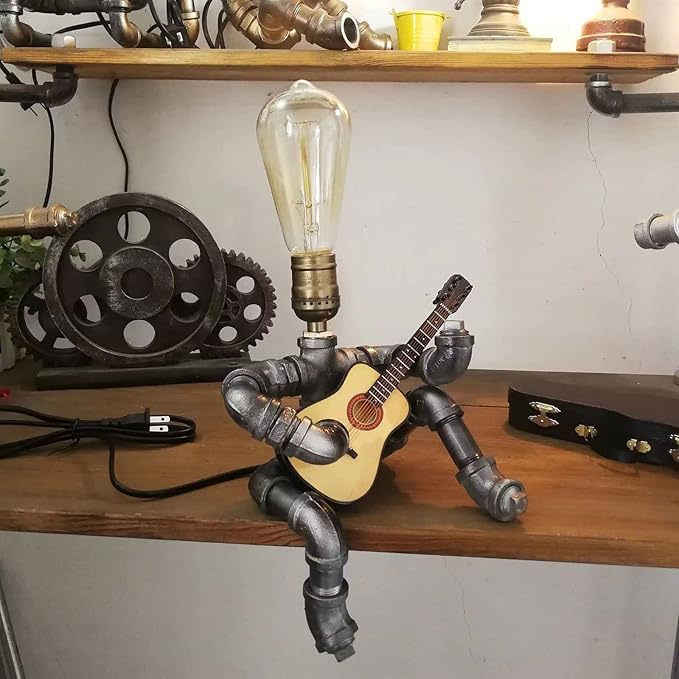 Steampunk Guitar Pipe Robot Table Lamp, Adjustable Industrial Water Pipe Desk Lamp with Wooden Guitar & Edison Bulb,Music Lovers, Bedside, Bar Cafe - Cool Unique Gifts