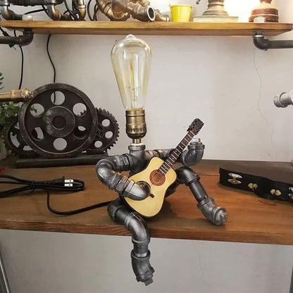 Steampunk Guitar Pipe Robot Table Lamp, Adjustable Industrial Water Pipe Desk Lamp with Wooden Guitar & Edison Bulb,Music Lovers, Bedside, Bar Cafe - Cool Unique Gifts