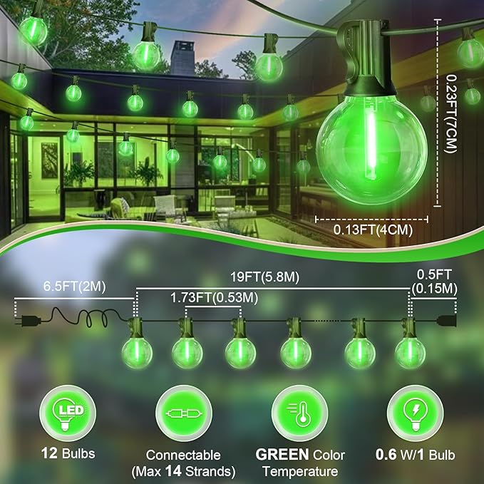 LAMPHOME Green LED Outdoor String Lights, 26FT Patio Lights with 12+1 Shatterproof Edison Bulbs, UL Waterproof Connectable Dimmable Hanging Lights for Backyard Porch Garden Deck Balcony Decor