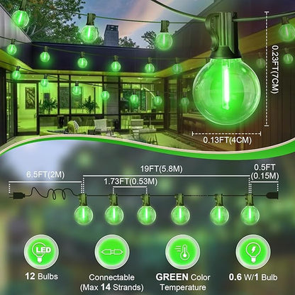 LAMPHOME Green LED Outdoor String Lights, 26FT Patio Lights with 12+1 Shatterproof Edison Bulbs, UL Waterproof Connectable Dimmable Hanging Lights for Backyard Porch Garden Deck Balcony Decor