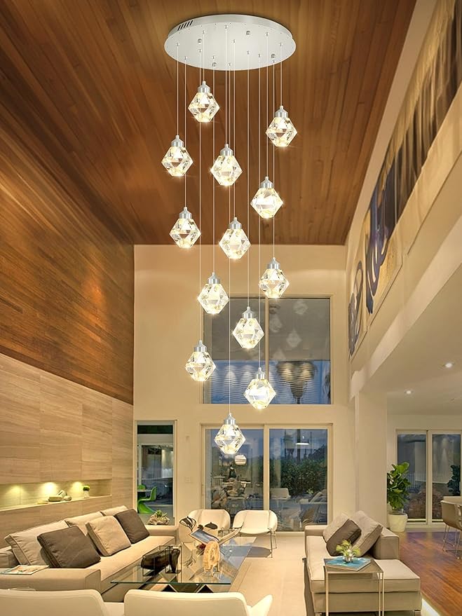 H138 High Ceiling Crystal Chandelier, 14-Light Chrome Pendant Light Fixture, Luxury Raindrop Chandelier for Foyer, Staircase, Villa, Entryway, Modern Large Crystal Lighting for Living Room