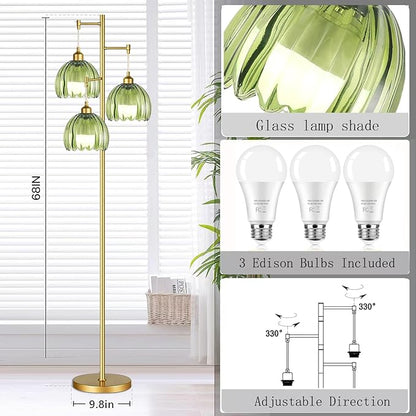ZECOXOL Gold Floor Lamps for Living Room Bedroom-3 Light Glass Floor Lamp with Three Led Bulb, Rustic Tall Floor Lamp Gold Standing Lamp Tree Floor Lamps for Living Room Bedroom,Office,Corner