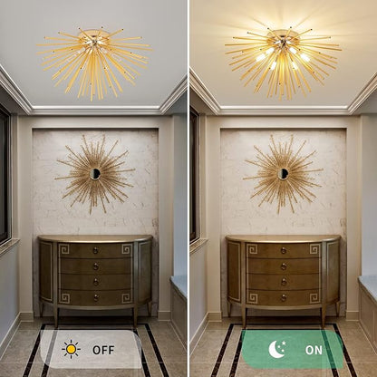 Sputnik Flush Mount Ceiling Light Fixture, 6-Light Gold Firework Ceiling Lights, 19.6" Modern Chandeliers Close to Ceiling Lamp for Bedroom Kitchen Hallway Entryway, G9 Socket