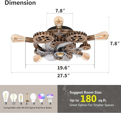 20" Retro Industrial Steampunk Ceiling Fans with Lights and Remote,Low Profile Flush Mount Bladeless Ceiling Fan with Light,Nautical Style 6 Speeds for Bedroom Kitchen Island Bar Cafe