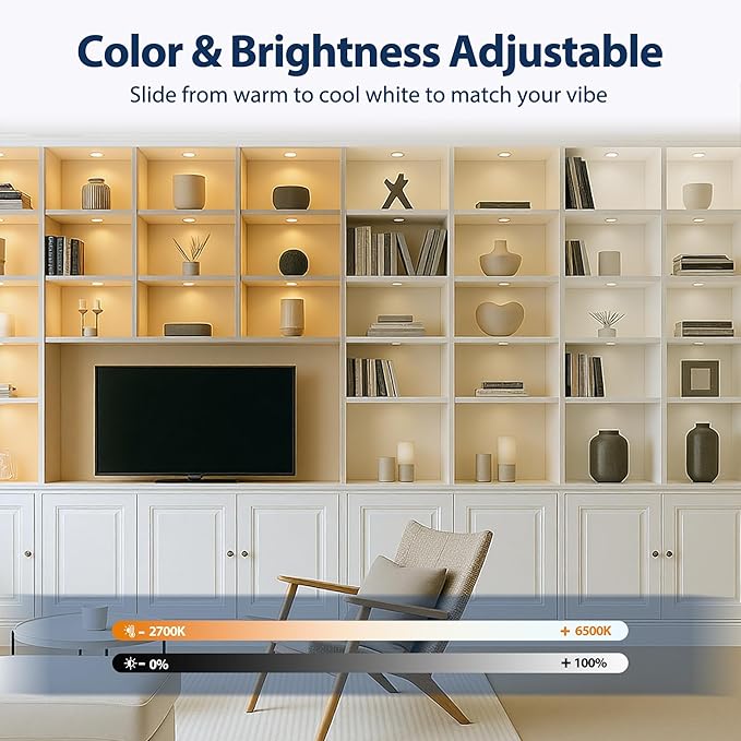 V4light Smart LED Puck Lights, Under Cabinet Lighting with Remote Control, Color Temperature Adjustable, Works with Alexa & Google Home, Plug-in Lights for Kitchen, Counter, Closet, Shelf (8 Pack)