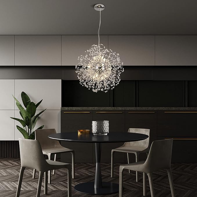 Modern Firework Chandelier, 12-Light Sputnik Chandelier Chrome Pendant Lighting for Dining Room, Dandelion Crystal Chandelier Ceiling Light Fixture for Living Room, Bedroom