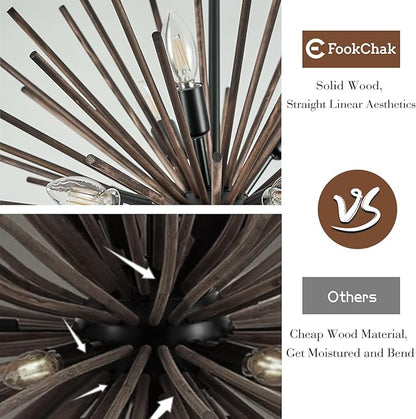 Large Wood Sputnik Chandeliers 18 Light Starburst Chandelier Light Fixture Solid Wood Farmhouse Black Satellite Light Fixture for Living Room Foyer Dining Room Hotal Hall 36in