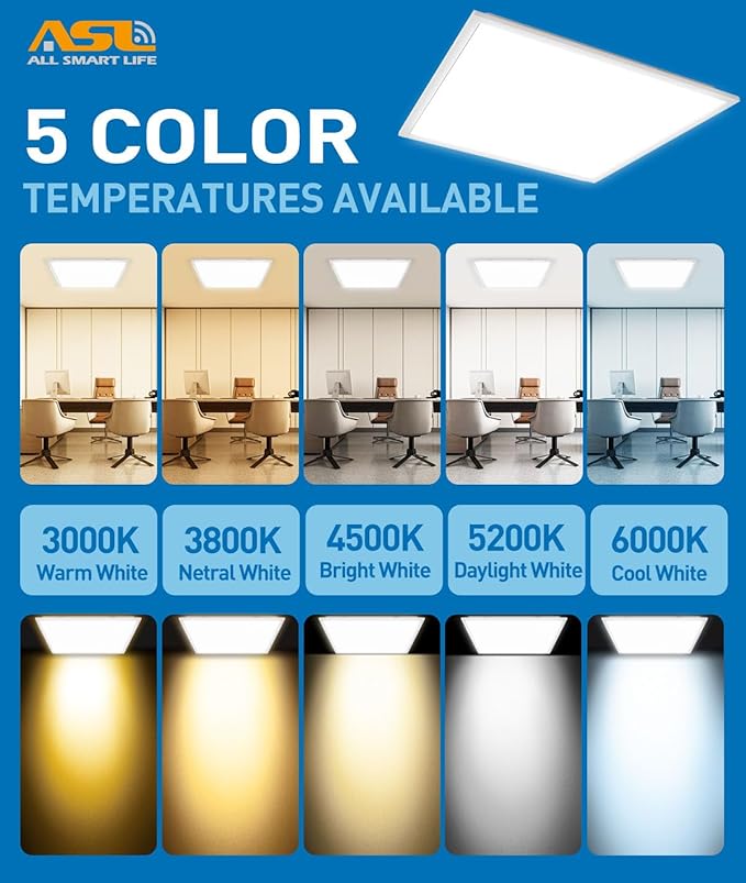 2x2 LED Flat Panel Lights for Drop Ceiling 4-Pack, 40W/4998Lumens Triac Dimmable, 5CCT (3000K~6000K), IP42, 2Ftx2Ft Back-Lit Recessed Troffer Light Fixtures for Shop Commercial Office, ETL
