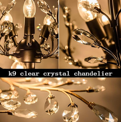 Garwarm Vintage K9 Clear Crystal Chandeliers Ceiling Lights, 3 Lights Crystal Pendant Lighting, Ceiling Light Fixtures for Living Room Bedroom Restaurant Porch (Black)
