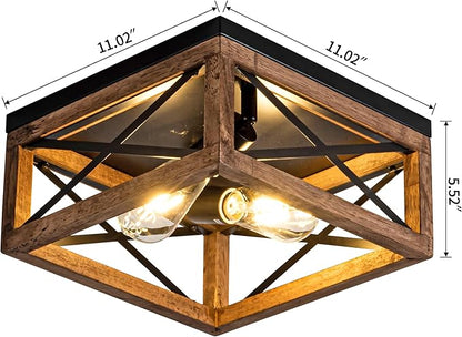 Rpzloila Flush Mount Ceiling Light Fixture for Kitchen Hallway, 2-Light Close to Ceiling Light with Black Metal and Wood Design, Rustic Farmhouse Ceiling (Bulb not Included)