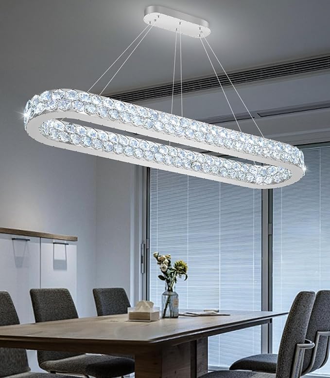 47'' Modern Oval Chandelier Crystal Chandeliers for Dining Room Round Ceiling Light Fixture for Living Room Lighting LED Dimmable with Remote Ring Lights Silver