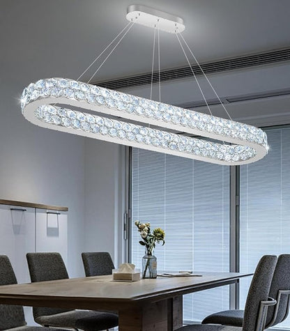 47'' Modern Oval Chandelier Crystal Chandeliers for Dining Room Round Ceiling Light Fixture for Living Room Lighting LED Dimmable with Remote Ring Lights Silver