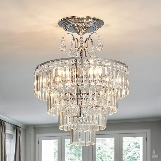 CVKASH 5 -Lights Crystal Chrome Chandelier Antique Modern Semi Flush Mount Ceiling Light Fixture Ceiling Lamp for Dining Room Kitchen Bedroom Living Room Hallway with E12