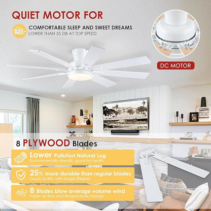 Mpayel Ceiling Fans with Lights, 52 Inch Low Profile Flush Mount Ceiling Fan, Modern White Ceiling Fan with Light for Bedroom Living Room, Remote/APP Control, Quiet DC Motor, Dimmable, 8 Wood Blades