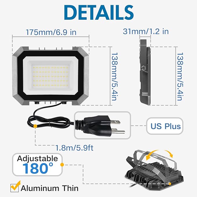 Leddictive 2 Pack LED Flood Lights Outdoor, 50W 5000LM Super Bright Floodlight Outside Work Light with 5.9FT Plug, IP65 Waterproof 6000K Outdoor LED Flood Light for Garage, Yard, Lawn, Garden