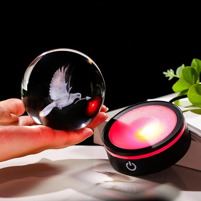 YWHL 3D Peace Dove Figurine Crystal Ball with Colorful Light Base, Dove Gifts for Women Men Best Friend on Christmas Birthday, Laser Engraved Glass Pigeon Statue Sphere for Home Decor(80mm)