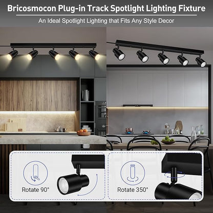 Plug in Track Lighting, 30" LED Track Light Fixtures Ceiling, Black 5 Way Ceiling Lights for Kitchen, 15FT Cord, Rotatable Light Head, Rocker Switch, Plug Spotlight for Bedroom Hallway(GU10, NO Bulb)