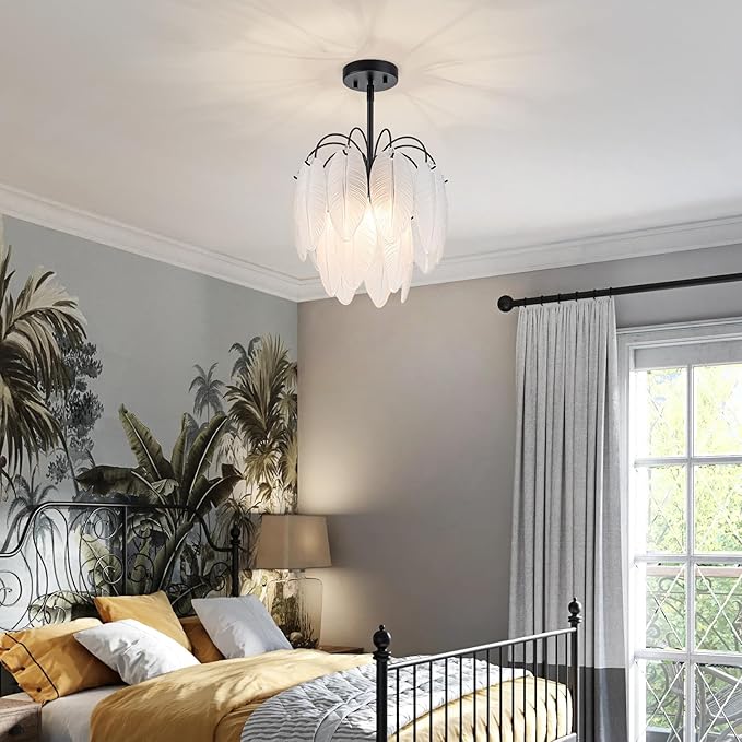 LumFurn D12 inch Glass Chandeliers, 3-Light Modern Pendant Light Fixture for Dining Room, Living Room, D12x18~47 Inch (Adjustable Height), Frosted Glass Feather Shade & Matte Black Finish Frame