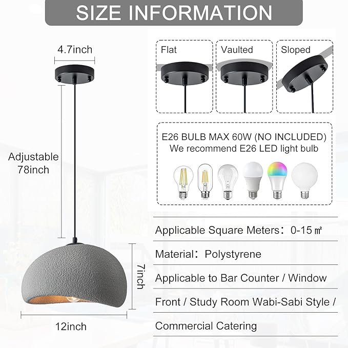 Wabi Sabi Pendant Light Oval, 11.8in Japanese Ceiling Fixture for Kitchen Island Dining Room Bedroom Hallway, Modern Japandi Minimalist Hanging Lamp Grey E26 Base (30cm/11.8in)