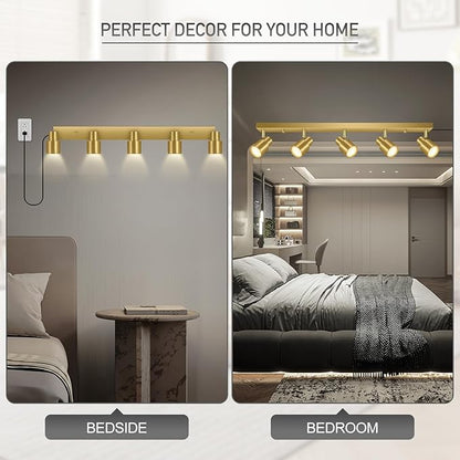 Track Lighting Plug in, 30" LED Track Light Fixtures Ceiling, Gold 5 Way Spotlight, Rotatable Head, Plug Wall Lights with 14.8FT Cord, Ceiling Lighting for Kitchen Hallway Bar(GU10, NO Bulb)