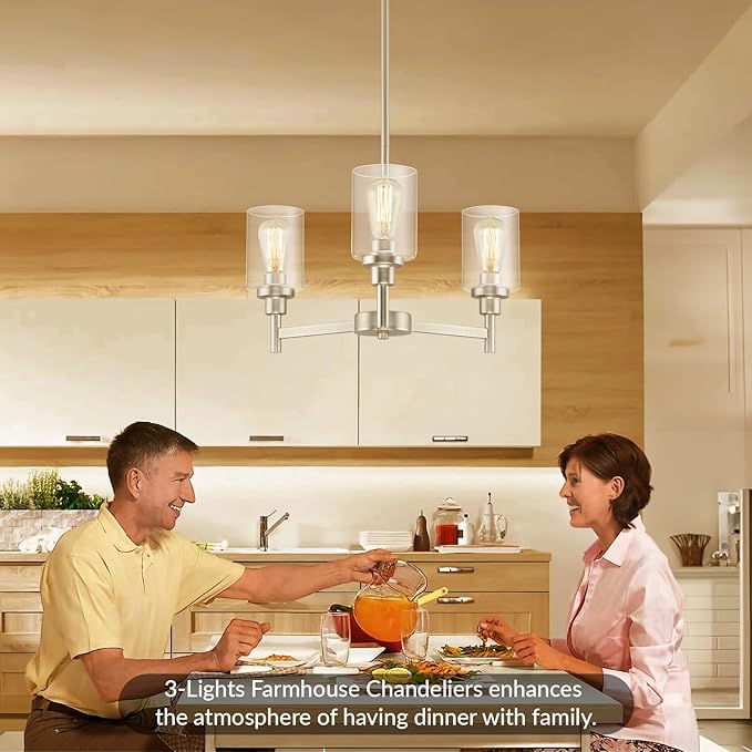 LIGHTDAMY 3 Lights Brushed Nickel Chandeliers for Dining Room Light Fixture Over Table, Entryway Chandelier for Foyer, Hallway Lighting Fixtures with Glass Shade for Kitchen Island Foyer Hallway