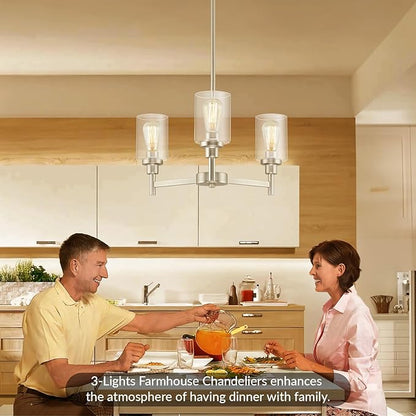 LIGHTDAMY 3 Lights Brushed Nickel Chandeliers for Dining Room Light Fixture Over Table, Entryway Chandelier for Foyer, Hallway Lighting Fixtures with Glass Shade for Kitchen Island Foyer Hallway
