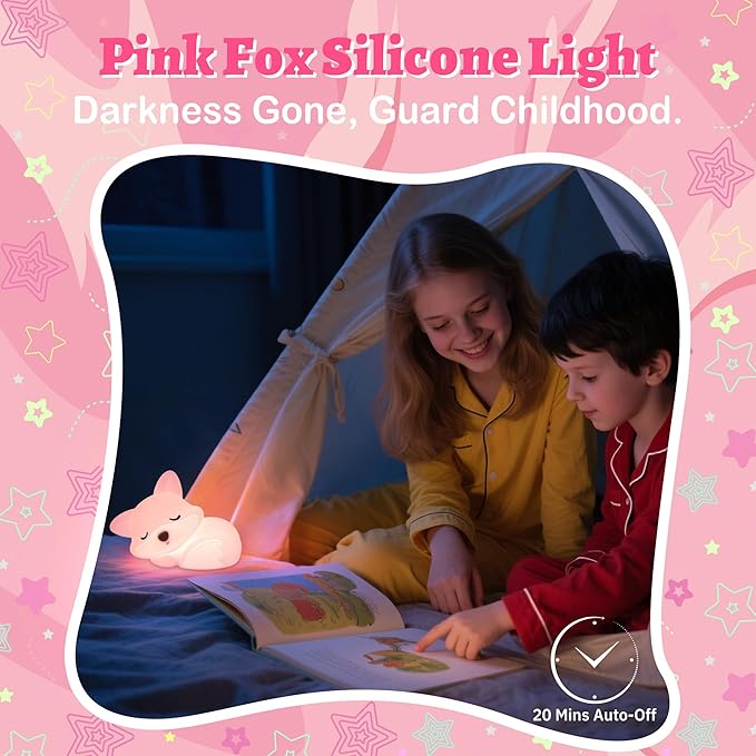 OkiyiD Pink Fox Night Light Toy Gifts for Girls, Cute Fox Squishy Lamp for Daughter Gifts, Dimmable Rechargeable Silicone Animal Night Light, Sweet Birthday Xmas Gift for Girls Room Pink Decor