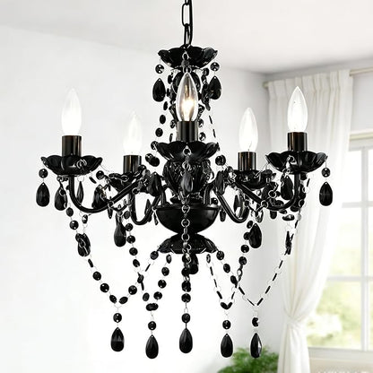 Black Small Crystal Chandelier, 5-Light Acrylic Chandelier Lighting Fixture for Bedroom, Closet, Dining Room, Entryway Ceiling Light