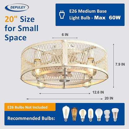 Depuley Flush Mount Ceiling Fan: 20" Caged Ceiling Fans with Lights and Remote Control for Kitchen Bedroom Farmhouse - Rustic Low Profile Ceiling Fandelier Lights Reversible 6 Speed Timer Cement
