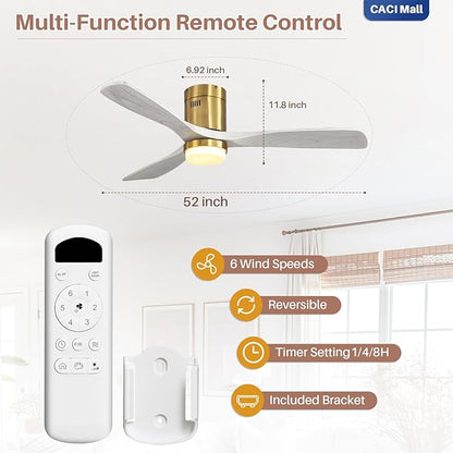CACI Mall 52 Inch Wood Flush Mount Ceiling Fan with Lights, 3 Blades, Low Profile, Modern, 3CCT, Dimmable, Noiseless, Remote Contral, Outdoor Indoor Ceiling Fans for Bedroom/Farmhouse/Patio