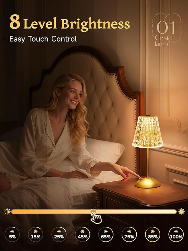 Crystal Cordless Lamp, Dimmable+3 Colors Rechargeable Lamp, Touch+2000mAh Battery Operated Vintage Ambient Light for Kitchen/Bedroom/Bathroom Shower, College Gifts, Mothers Day Gifts for Wife Daughter