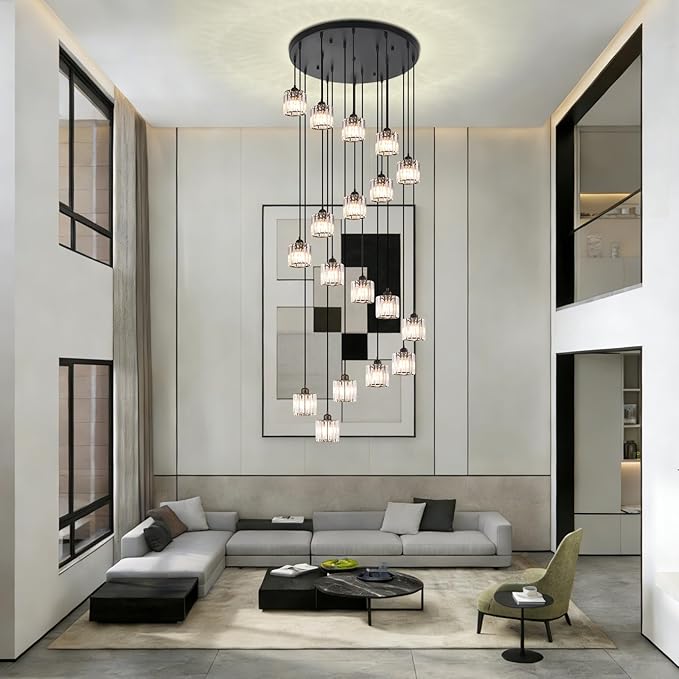 Long Raindrop Crystal Chandelier for High Ceilings Modern Crystal Long Pendant Light, Staircase Foyer Entryway Pendant Light,Raindrop Drop Lamp, Large 23.6" Black Ceiling Plate18 Lights