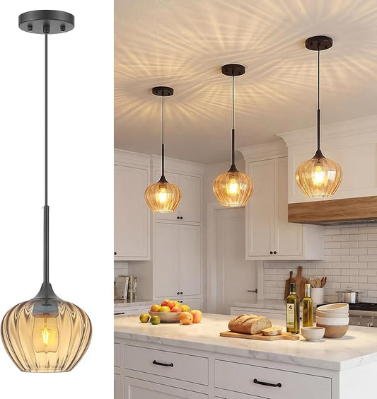 Glass Pendant Lights Kitchen Island, 7" Vintage Amber Pendant Lighting Samll Hanging Light Fixtures for Kitchen, Dining Room, Sink, Bathroom